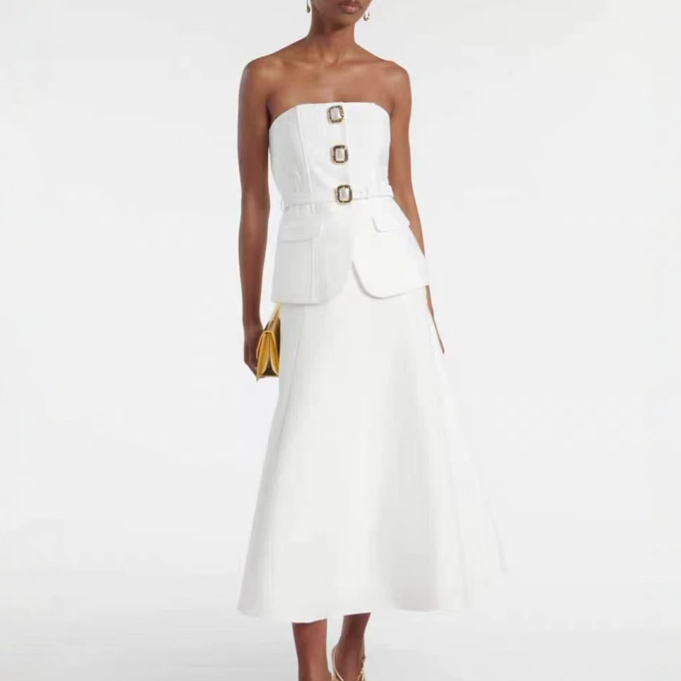 Women Formal Wear For Meeting - Kadınlar Seksi Straplez Elmas Düğmeli Kemerli