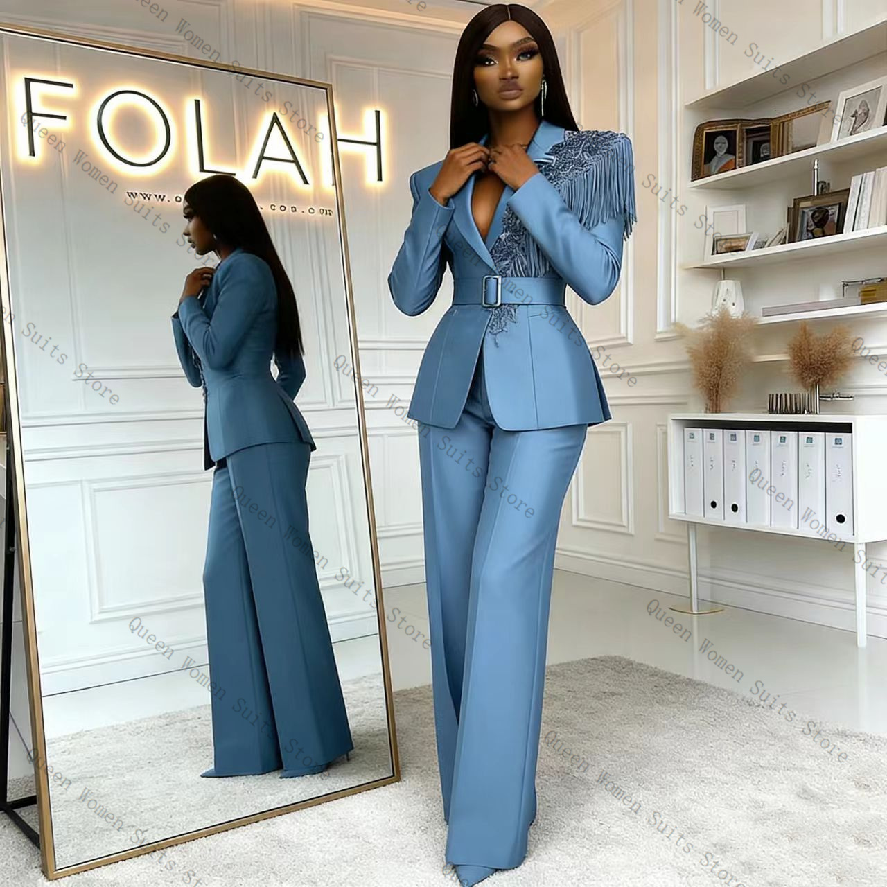 Women Formal Wear Coat - Püskül Mavi Kadın Takım Elbise Pantolon
