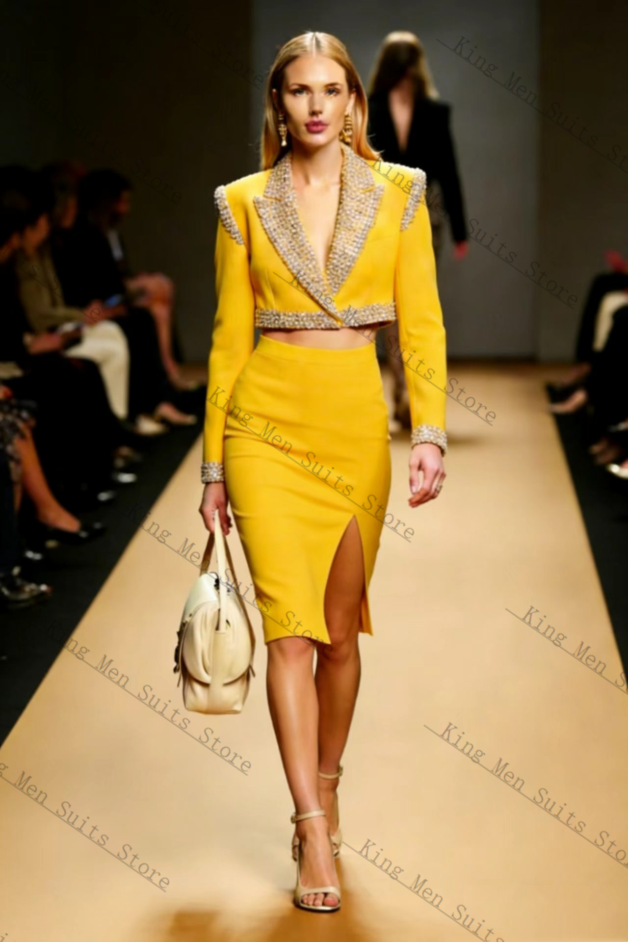 Women Formal Wear Coat - Sarı Kristaller Kadın Takım Elbise Etek