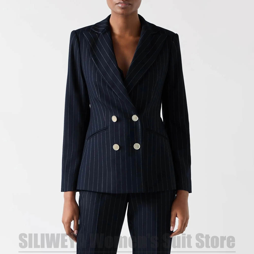 Women Formal Wear For Meeting - Kadın Lacivert Çizgili Takım Elbise Kruvaze