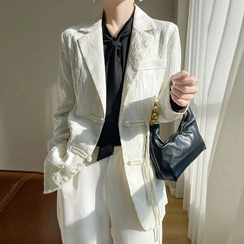 Women Formal Wear Coat - Kadın Beyaz Dokulu Blazer Ceket Çentikli
