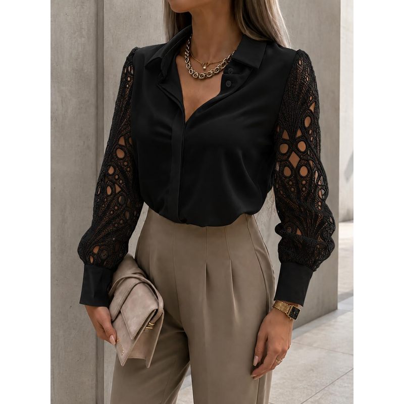 Women Formal Wear For Meeting - Kadın Düğmeli Saten Bluz, Oyuk Detaylı